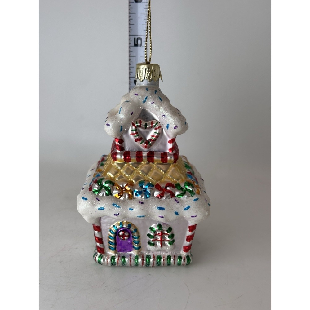 Lao Mai Blown Glass Gingerbread House Christmas Ornament Candy Glitter 4.5"